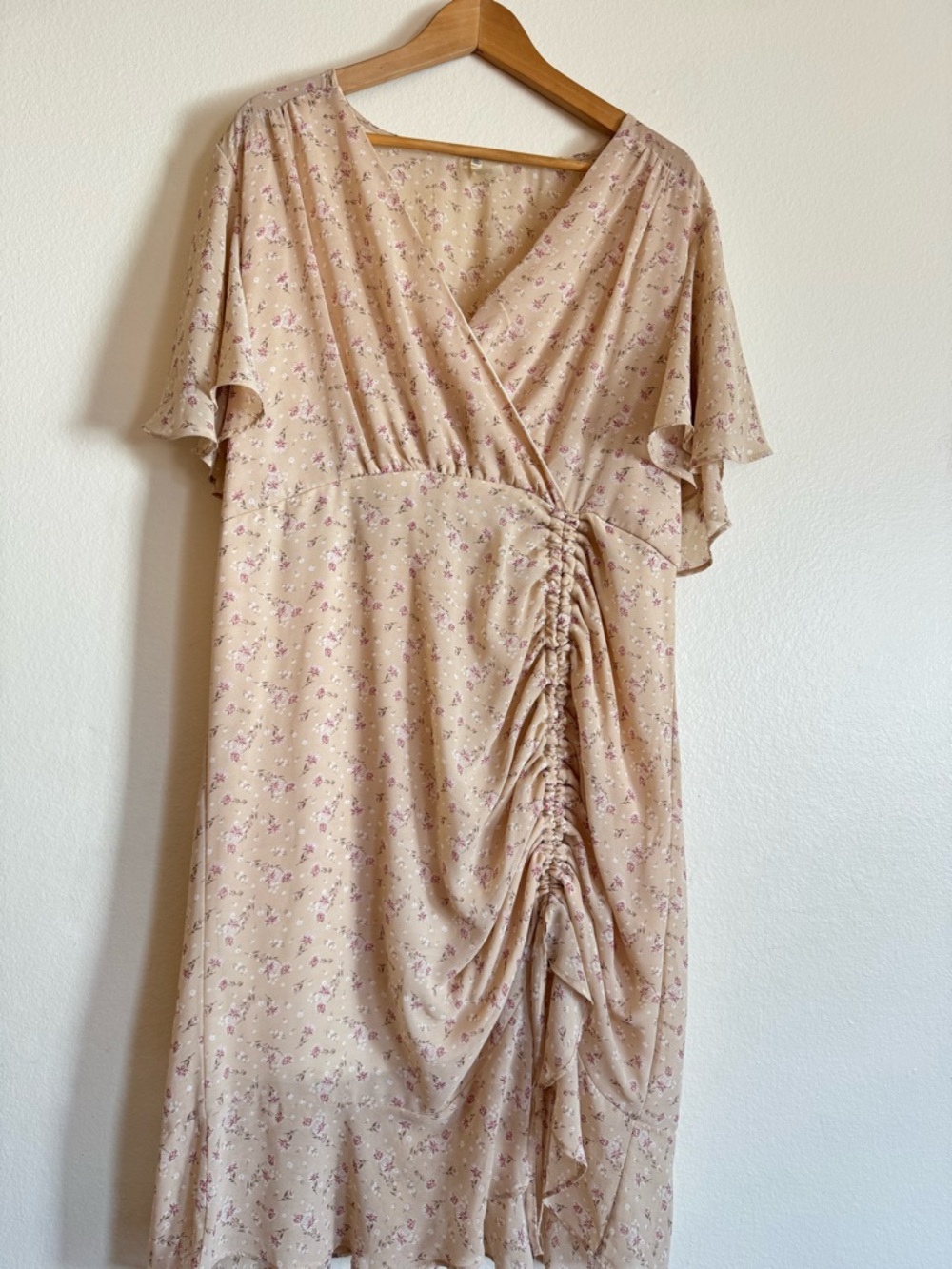 Beige Floral Ruched Wrap Dress Romantic Feminine Cottage Core